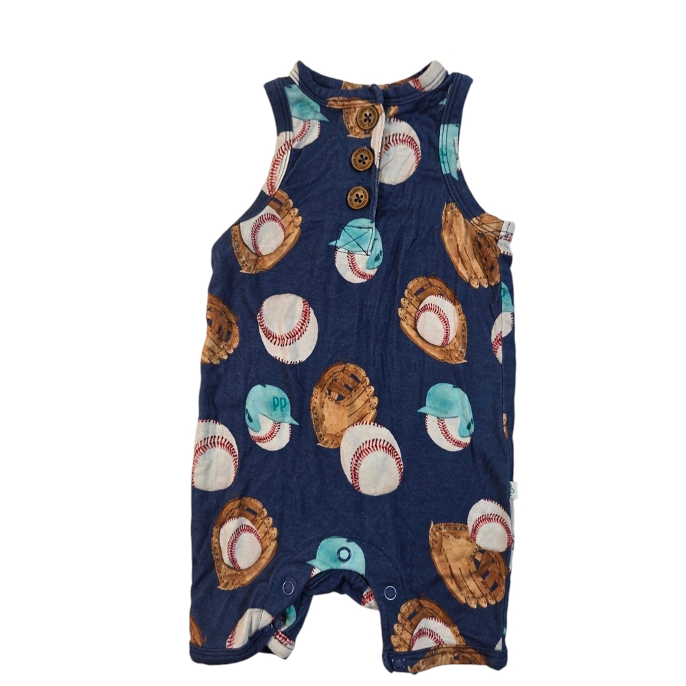 Posh Peanut Navy Blue Baseball Print Romper with Brown Mitts and White Balls